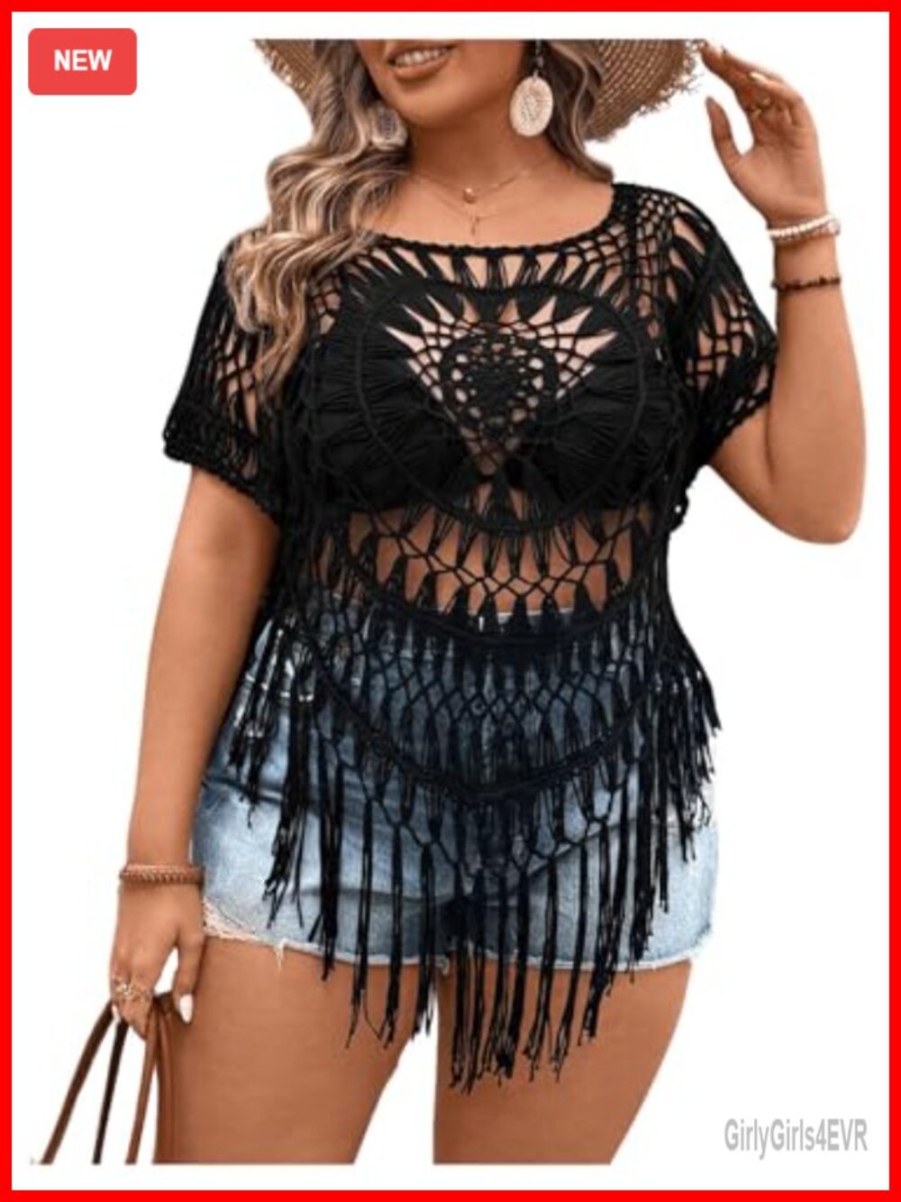 Plus Size Hollow Out Knit Crochet Top Sheer Fringe Short Sleeve Scoop Neck Tee